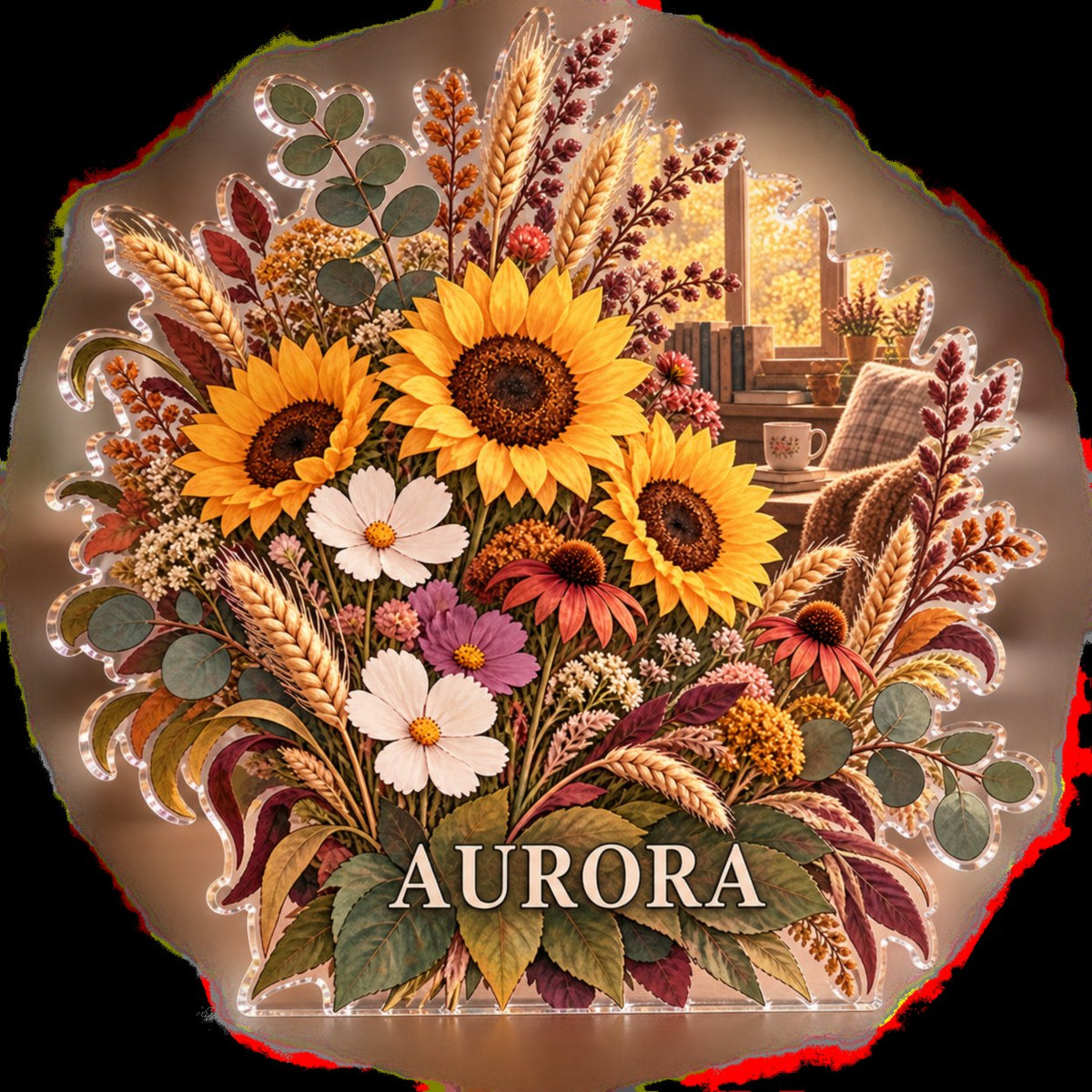Personalized Harvest Wildflowers Reading Nook Seasonal Refresh custom shape acrylic plaque with an example name set into the artwork, digital preview