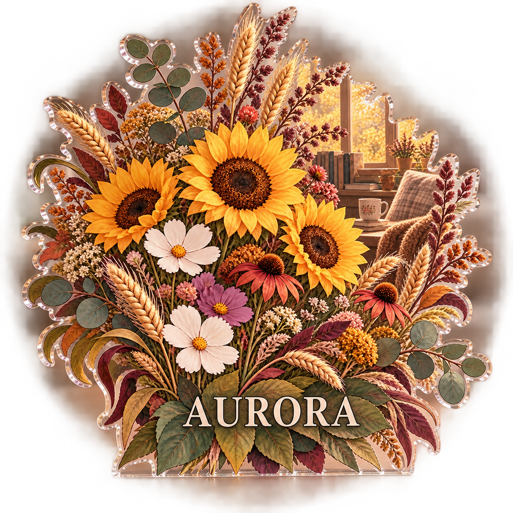 Artwork visualization: Harvest wildflowers — reading nook seasonal refresh, personalized AURORA, subject-shaped acrylic with printed optical 3D depth; not carved relief.