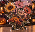 Artwork visualization: Harvest wildflowers — Halloween party accent, personalized ISLA, subject-shaped acrylic with printed optical 3D depth; not carved relief.