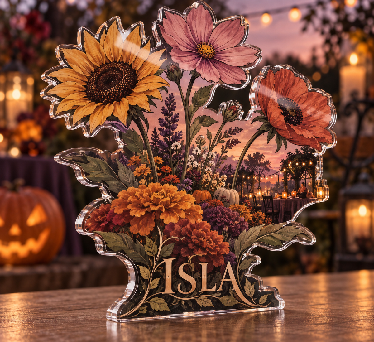 Artwork visualization: Harvest wildflowers — Halloween party accent, personalized ISLA, subject-shaped acrylic with printed optical 3D depth; not carved relief.