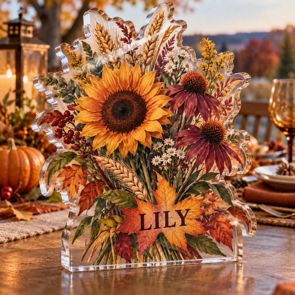 Artwork visualization: Harvest wildflowers — host seasonal thank you, personalized LILY, subject-shaped acrylic with printed optical 3D depth; not carved relief.
