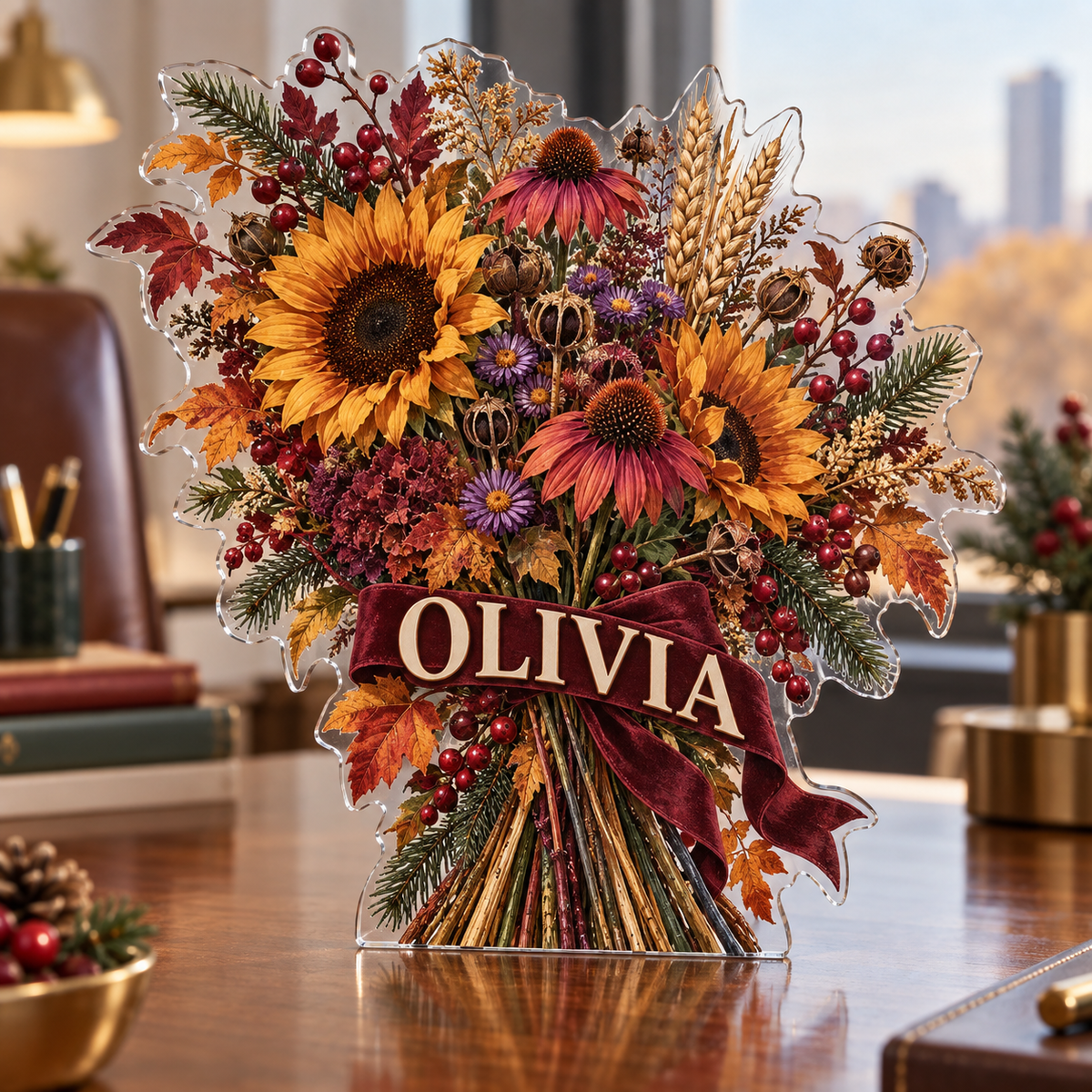 Artwork visualization: Harvest wildflowers — office seasonal desk, personalized OLIVIA, subject-shaped acrylic with printed optical 3D depth; not carved relief.