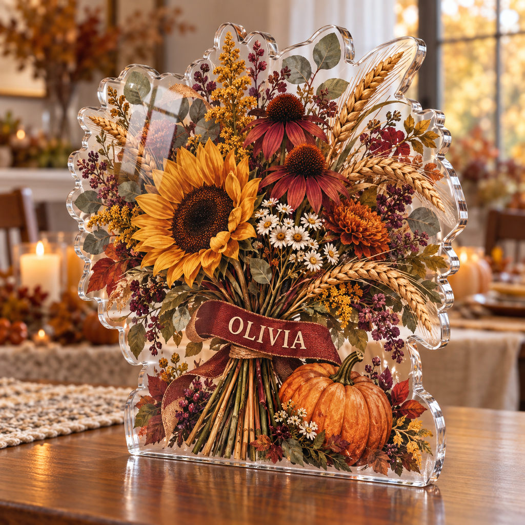 Artwork visualization: Harvest wildflowers — family seasonal keepsake, personalized OLIVIA, subject-shaped acrylic with printed optical 3D depth; not carved relief.