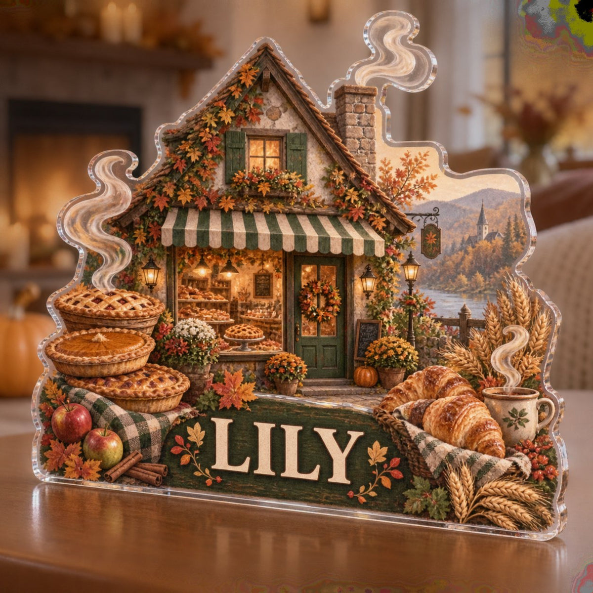 Personalized Cozy Fall Bakery Seasonal Living Room Decor custom shape acrylic plaque with an example name set into the artwork, digital preview