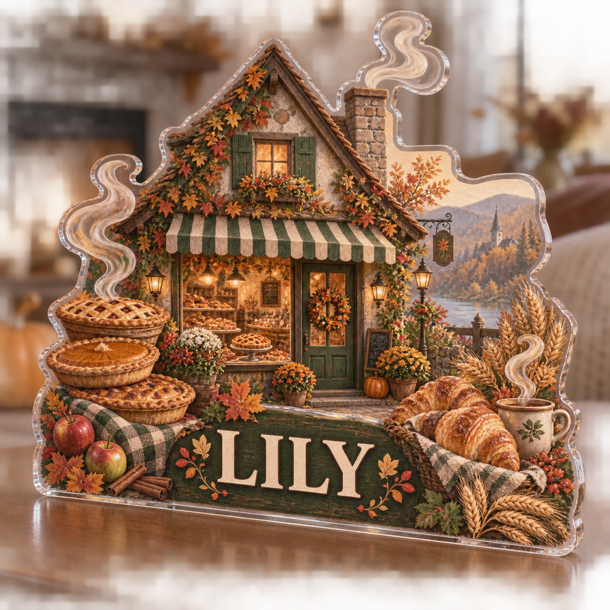 Artwork visualization: Cozy fall bakery — seasonal living room decor, personalized LILY, subject-shaped acrylic with printed optical 3D depth; not carved relief.