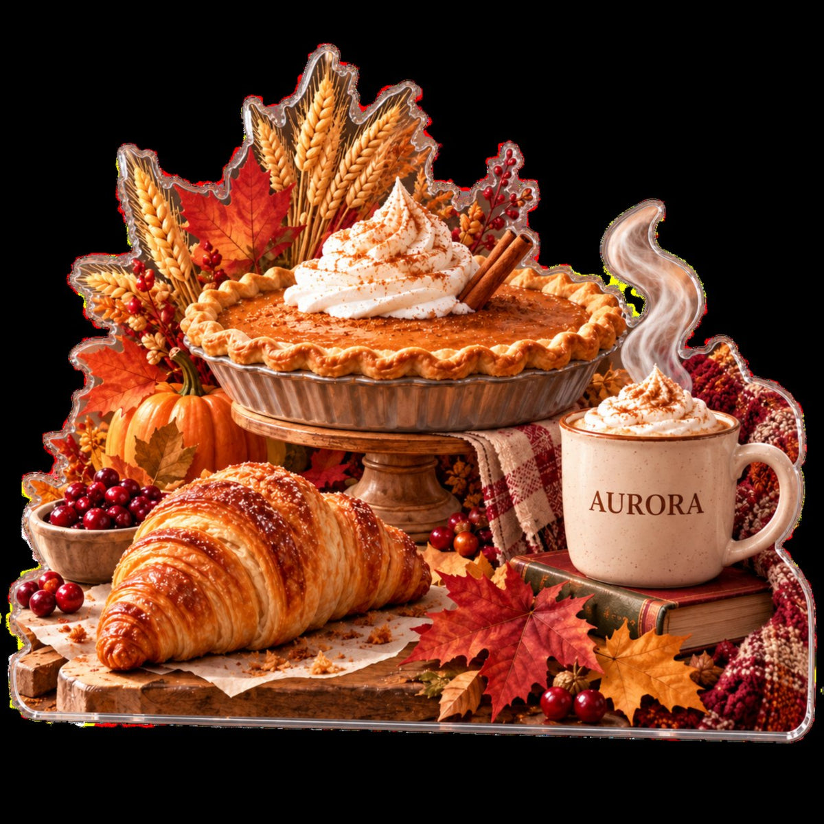 Personalized Cozy Fall Bakery Reading Nook Seasonal Refresh custom shape acrylic plaque with an example name set into the artwork, digital preview