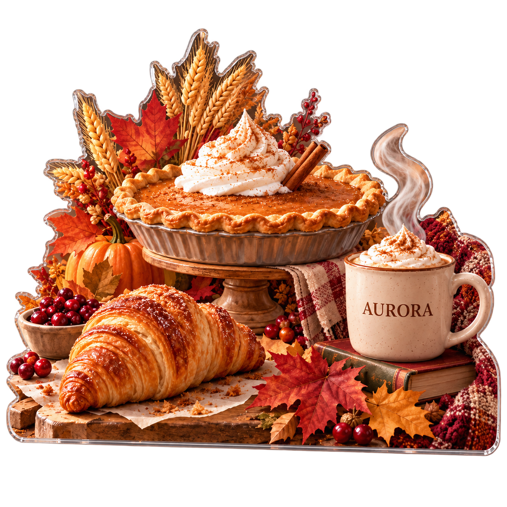 Artwork visualization: Cozy fall bakery — reading nook seasonal refresh, personalized AURORA, subject-shaped acrylic with printed optical 3D depth; not carved relief.
