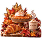 Artwork visualization: Cozy fall bakery — reading nook seasonal refresh, personalized AURORA, subject-shaped acrylic with printed optical 3D depth; not carved relief.