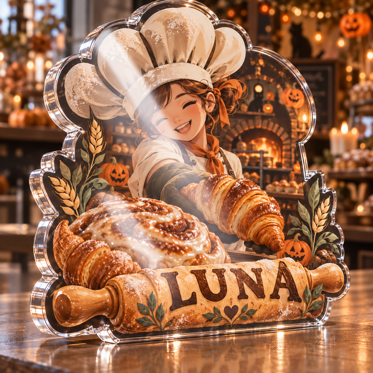 Artwork visualization: Cozy fall bakery — Halloween party accent, personalized LUNA, subject-shaped acrylic with printed optical 3D depth; not carved relief.