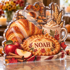 Artwork visualization: Cozy fall bakery — host seasonal thank you, personalized NOAH, subject-shaped acrylic with printed optical 3D depth; not carved relief.
