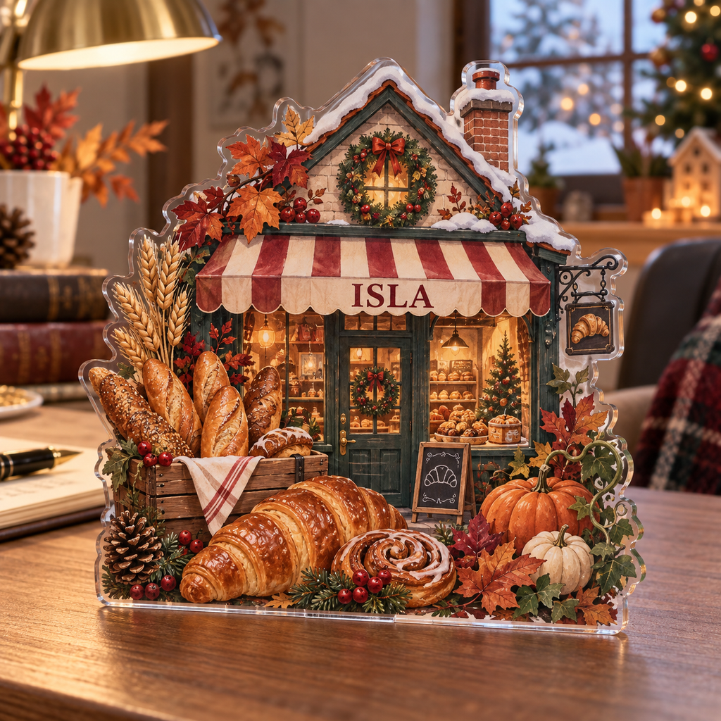 Artwork visualization: Cozy fall bakery — office seasonal desk, personalized ISLA, subject-shaped acrylic with printed optical 3D depth; not carved relief.