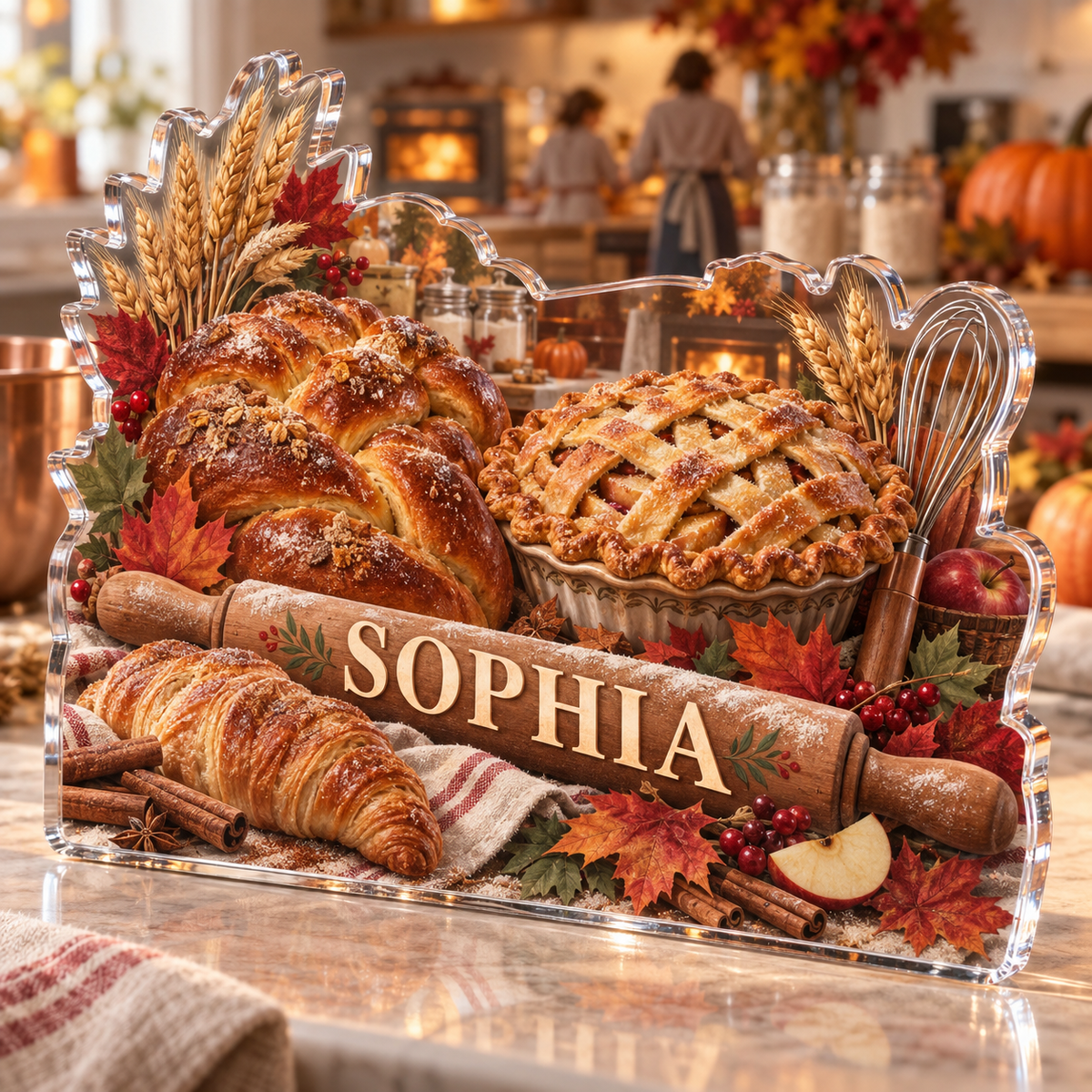 Artwork visualization: Cozy fall bakery — family seasonal keepsake, personalized SOPHIA, subject-shaped acrylic with printed optical 3D depth; not carved relief.