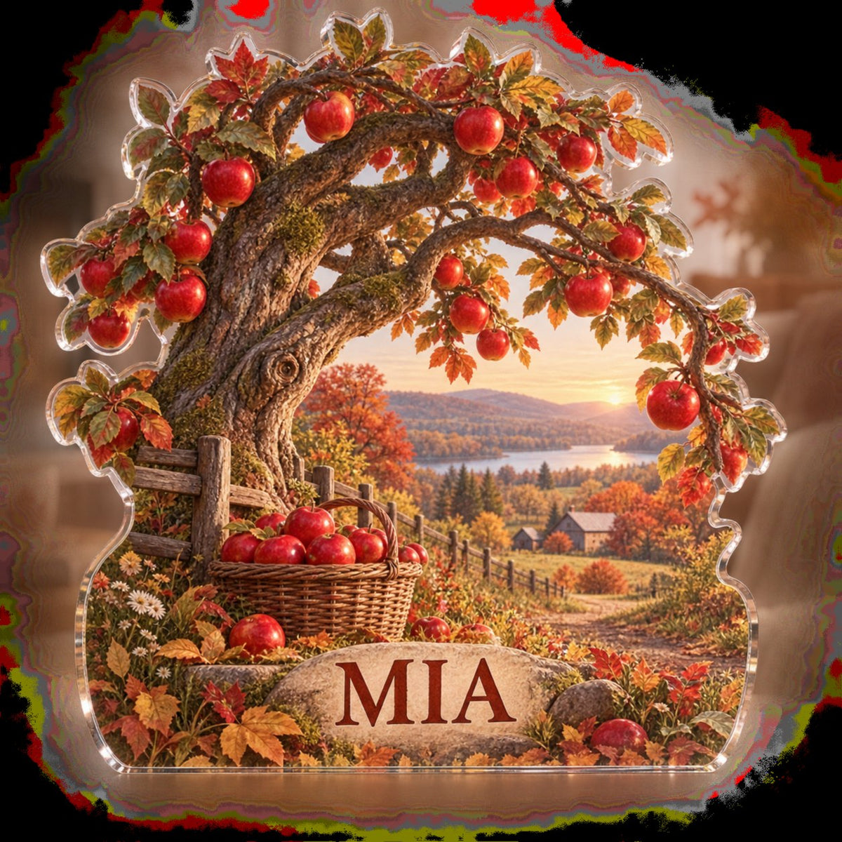 Personalized Apple Orchard Autumn Seasonal Living Room Decor custom shape acrylic plaque with an example name set into the artwork, digital preview