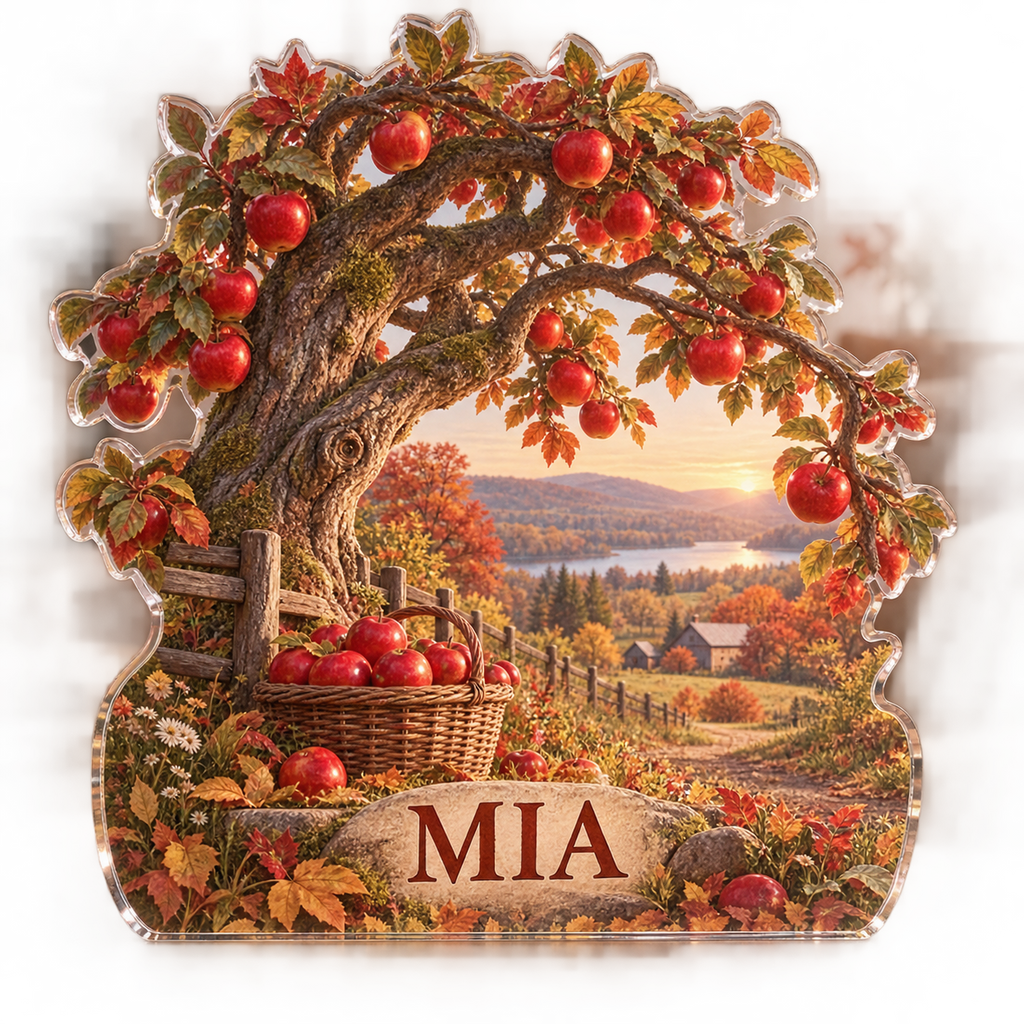 Artwork visualization: Apple orchard autumn — seasonal living room decor, personalized MIA, subject-shaped acrylic with printed optical 3D depth; not carved relief.