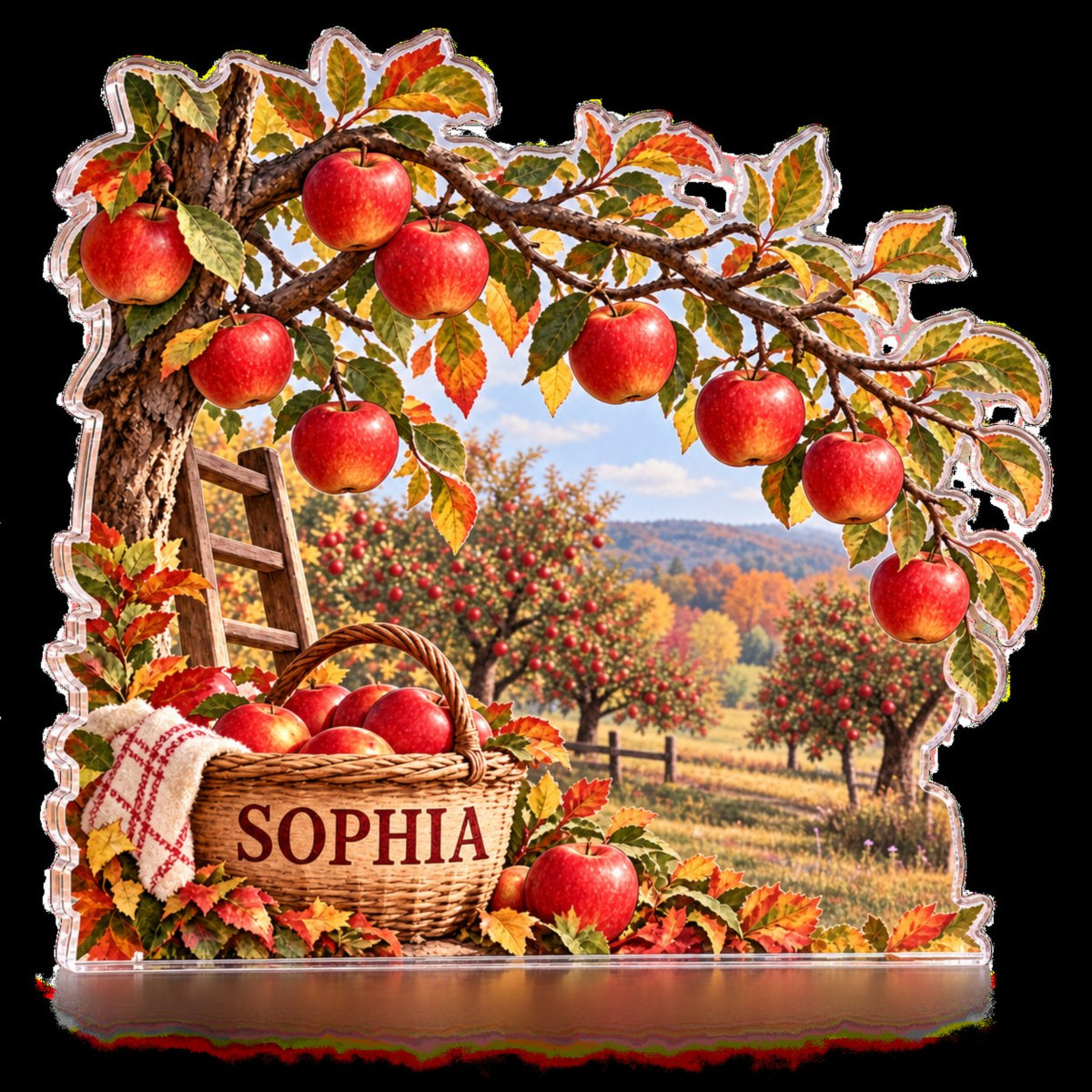 Personalized Apple Orchard Autumn Reading Nook Seasonal Refresh custom shape acrylic plaque with an example name set into the artwork, digital preview