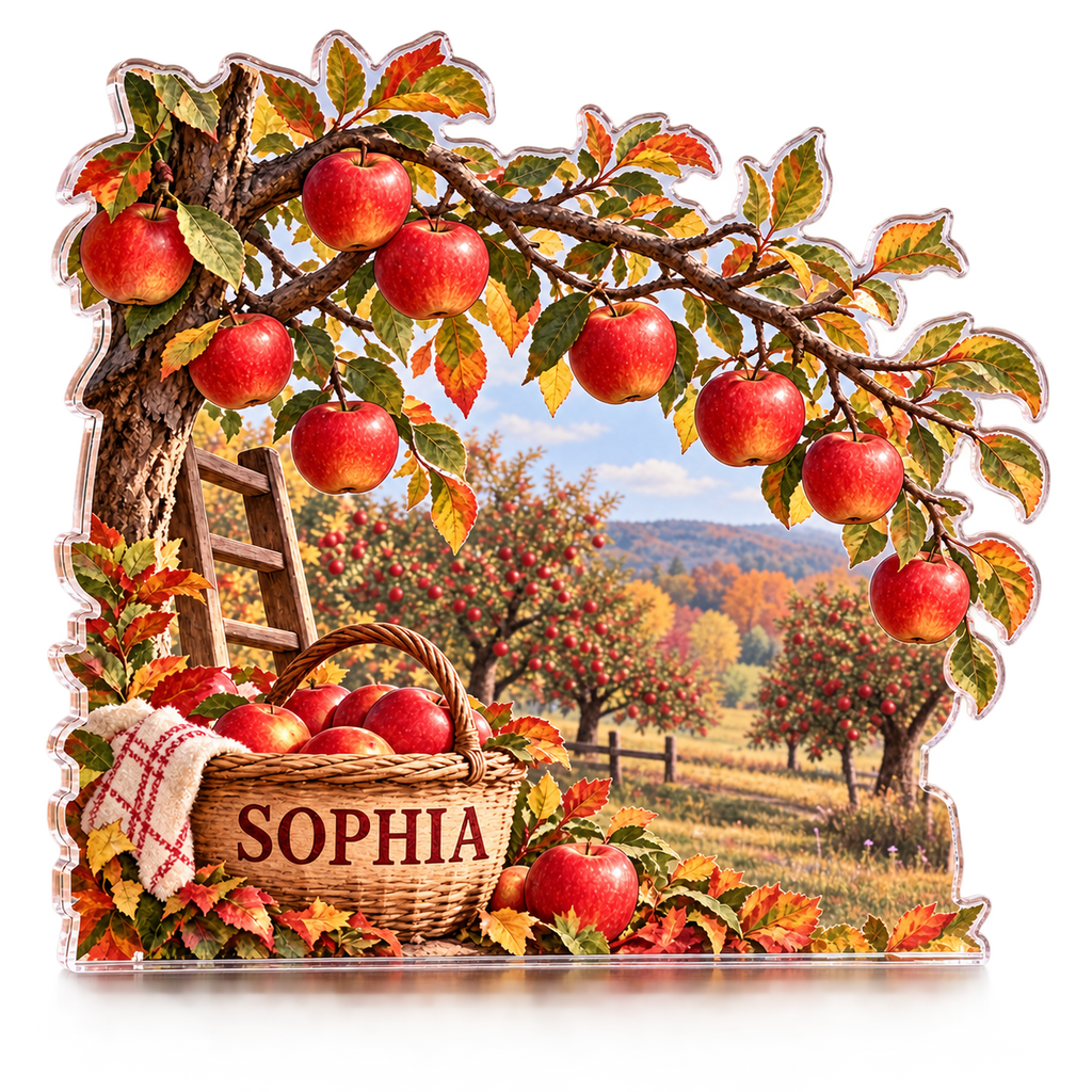Artwork visualization: Apple orchard autumn — reading nook seasonal refresh, personalized SOPHIA, subject-shaped acrylic with printed optical 3D depth; not carved relief.