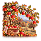 Artwork visualization: Apple orchard autumn — reading nook seasonal refresh, personalized SOPHIA, subject-shaped acrylic with printed optical 3D depth; not carved relief.