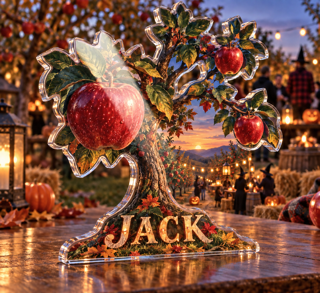 Artwork visualization: Apple orchard autumn — Halloween party accent, personalized JACK, subject-shaped acrylic with printed optical 3D depth; not carved relief.