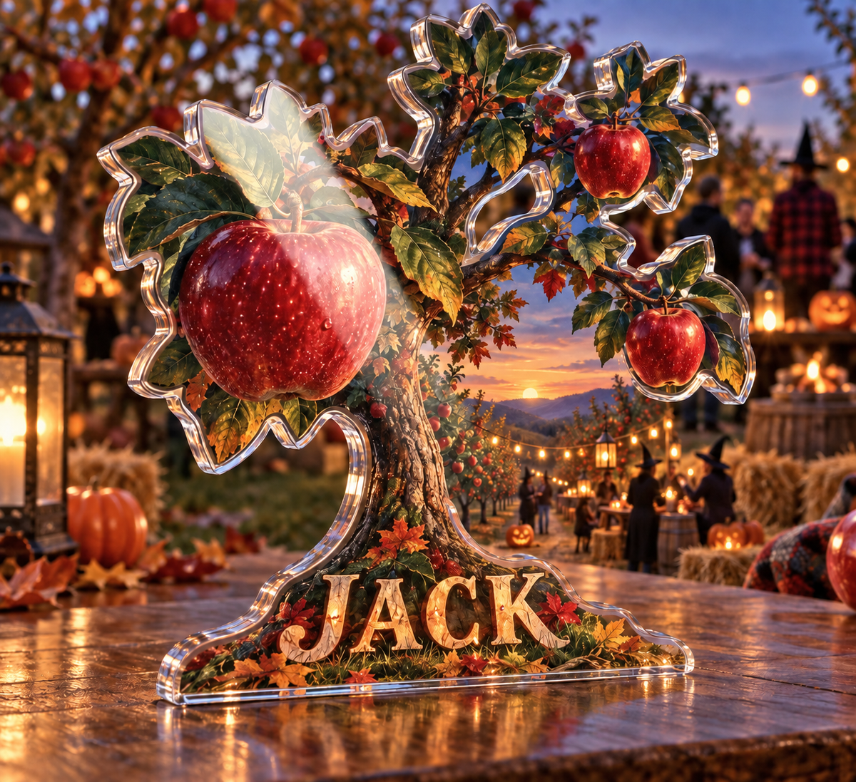 Artwork visualization: Apple orchard autumn — Halloween party accent, personalized JACK, subject-shaped acrylic with printed optical 3D depth; not carved relief.