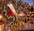 Artwork visualization: Apple orchard autumn — Halloween party accent, personalized JACK, subject-shaped acrylic with printed optical 3D depth; not carved relief.