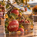 Artwork visualization: Apple orchard autumn — host seasonal thank you, personalized EMMA, subject-shaped acrylic with printed optical 3D depth; not carved relief.