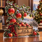 Artwork visualization: Apple orchard autumn — office seasonal desk, personalized JACK, subject-shaped acrylic with printed optical 3D depth; not carved relief.