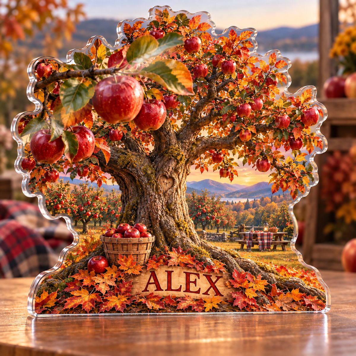 Artwork visualization: Apple orchard autumn — family seasonal keepsake, personalized ALEX, subject-shaped acrylic with printed optical 3D depth; not carved relief.