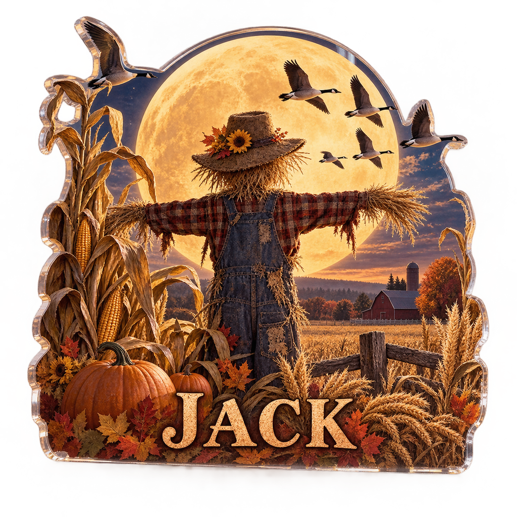 Artwork visualization: Harvest moon field — seasonal living room decor, personalized JACK, subject-shaped acrylic with printed optical 3D depth; not carved relief.