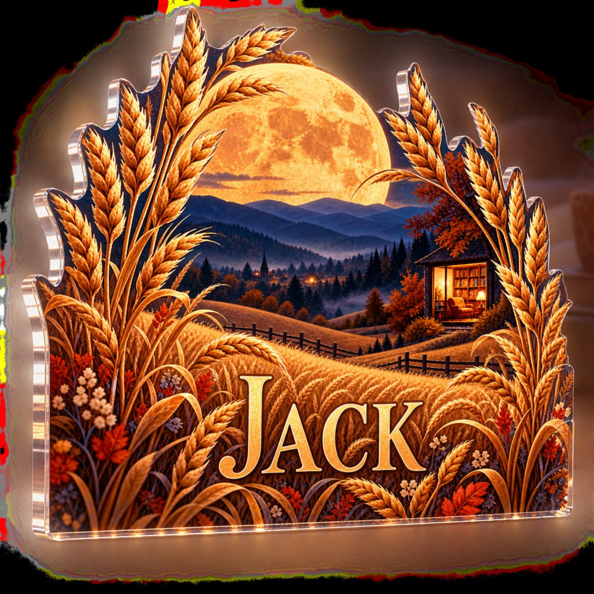 Personalized Harvest Moon Field Reading Nook Seasonal Refresh custom shape acrylic plaque with an example name set into the artwork, digital preview