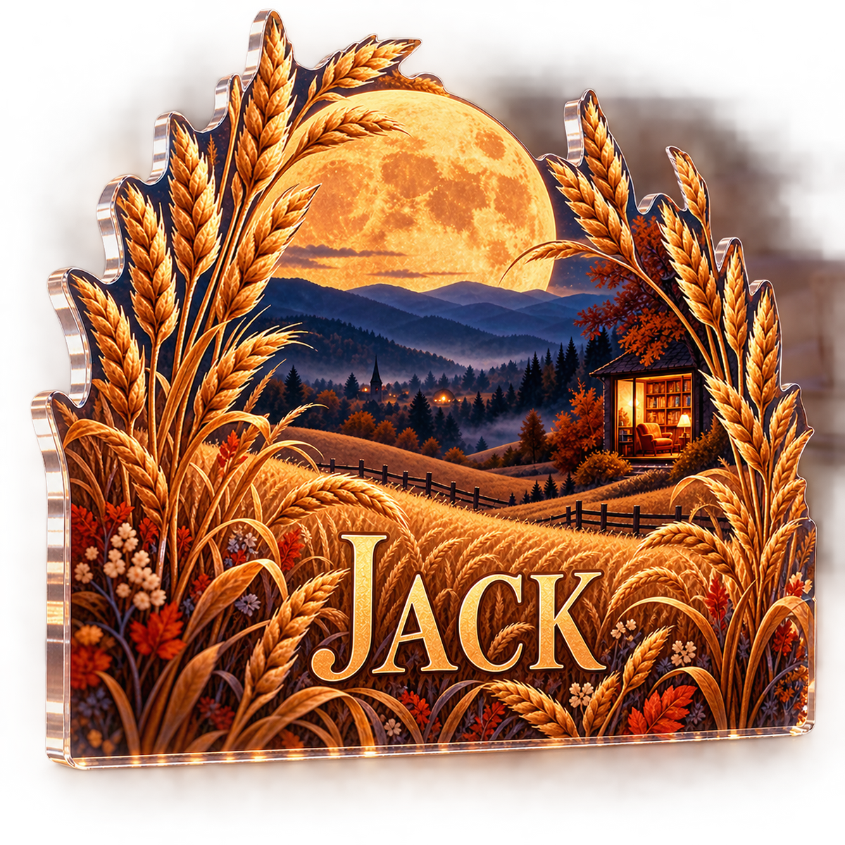 Artwork visualization: Harvest moon field — reading nook seasonal refresh, personalized JACK, subject-shaped acrylic with printed optical 3D depth; not carved relief.