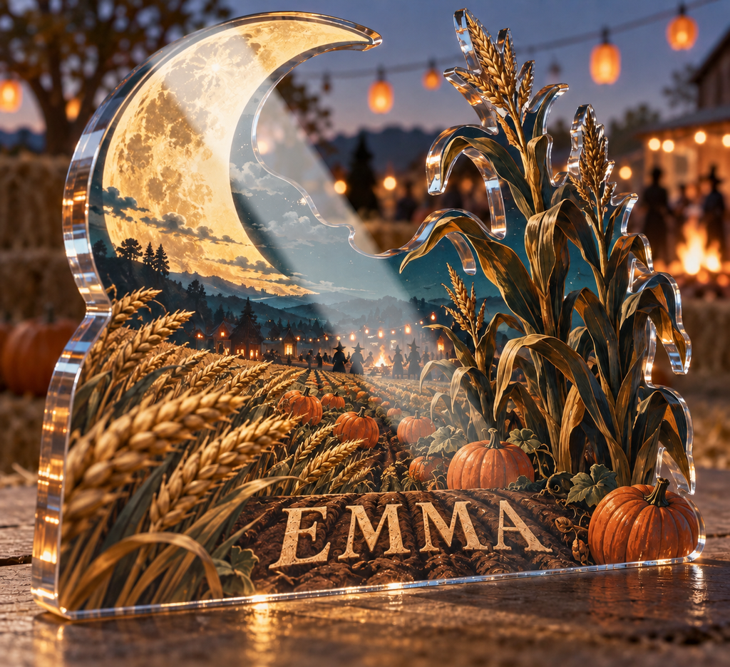 Artwork visualization: Harvest moon field — Halloween party accent, personalized EMMA, subject-shaped acrylic with printed optical 3D depth; not carved relief.