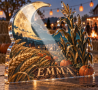 Artwork visualization: Harvest moon field — Halloween party accent, personalized EMMA, subject-shaped acrylic with printed optical 3D depth; not carved relief.