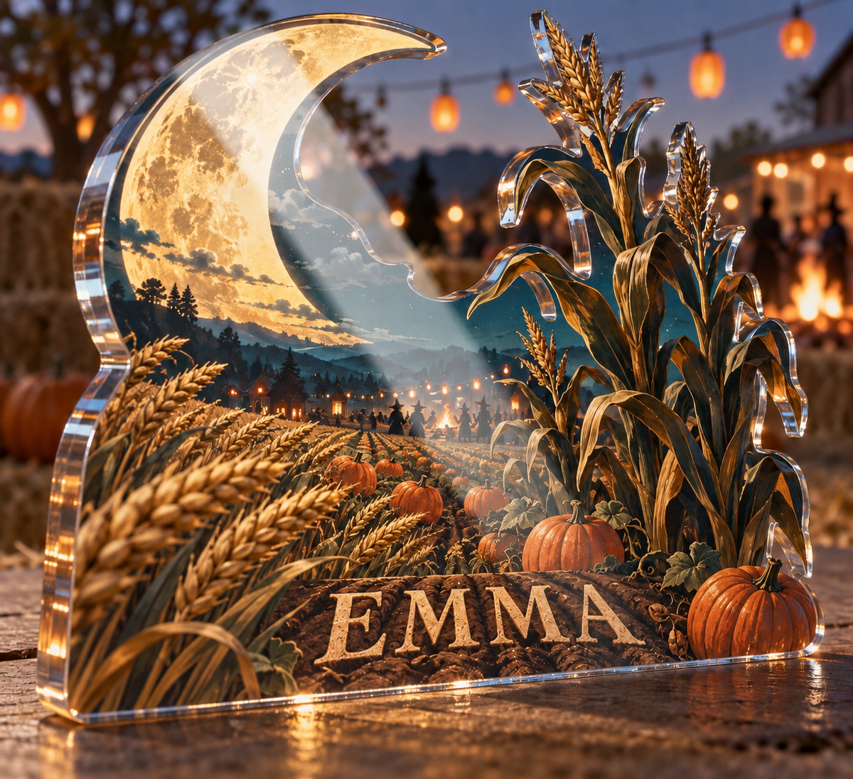 Artwork visualization: Harvest moon field — Halloween party accent, personalized EMMA, subject-shaped acrylic with printed optical 3D depth; not carved relief.