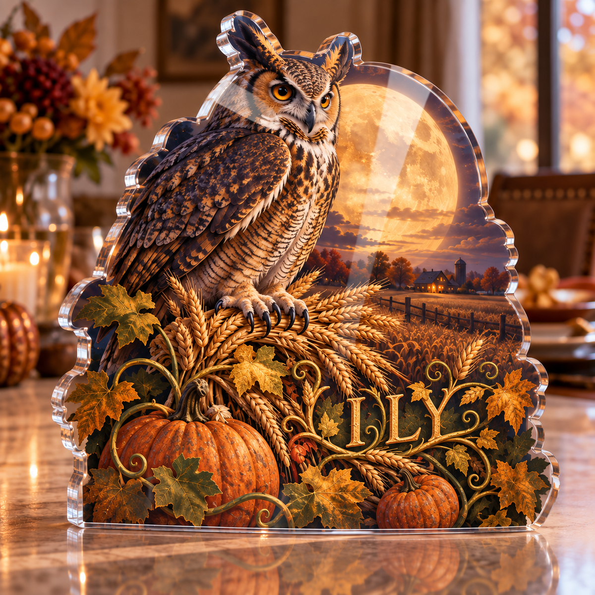 Artwork visualization: Harvest moon field — host seasonal thank you, personalized LILY, subject-shaped acrylic with printed optical 3D depth; not carved relief.