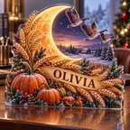 Artwork visualization: Harvest moon field — office seasonal desk, personalized OLIVIA, subject-shaped acrylic with printed optical 3D depth; not carved relief.