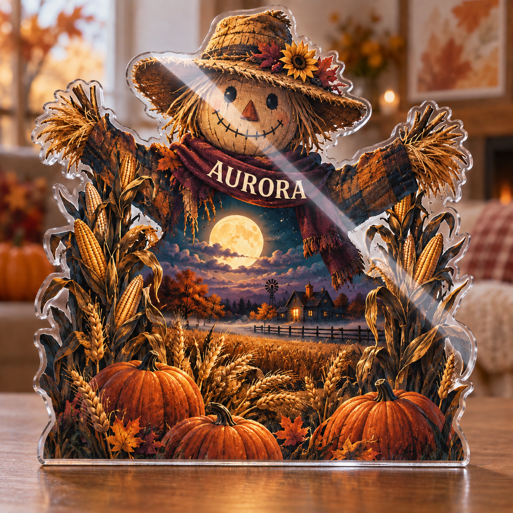Artwork visualization: Harvest moon field — family seasonal keepsake, personalized AURORA, subject-shaped acrylic with printed optical 3D depth; not carved relief.