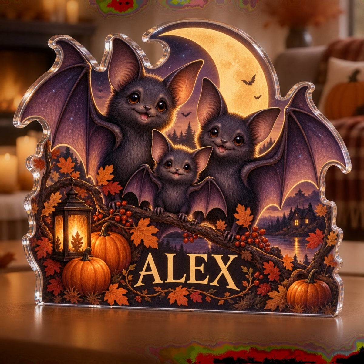 Personalized Friendly Bat Family Seasonal Living Room Decor custom shape acrylic plaque with an example name set into the artwork, digital preview