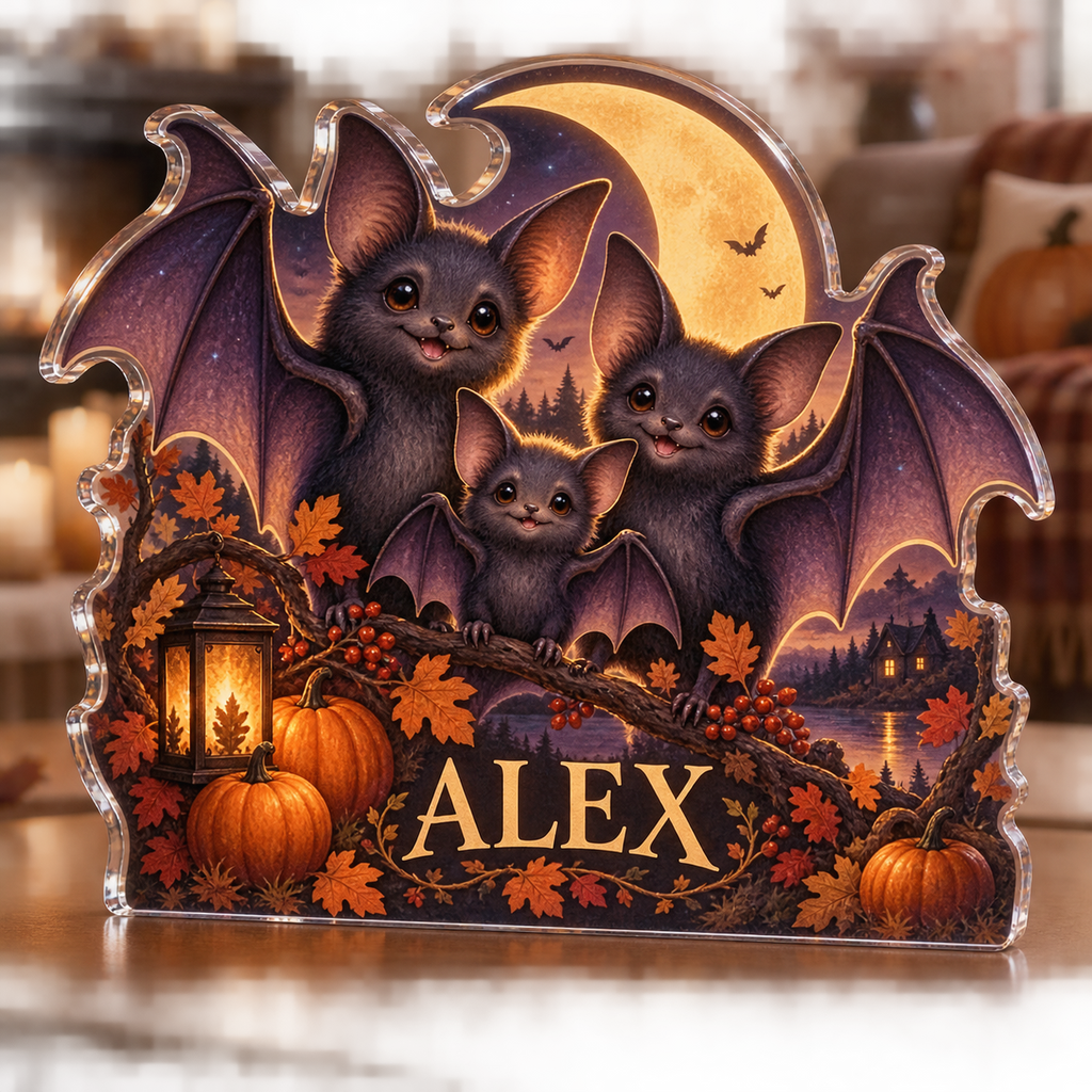 Artwork visualization: Friendly bat family — seasonal living room decor, personalized ALEX, subject-shaped acrylic with printed optical 3D depth; not carved relief.
