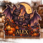 Artwork visualization: Friendly bat family — seasonal living room decor, personalized ALEX, subject-shaped acrylic with printed optical 3D depth; not carved relief.