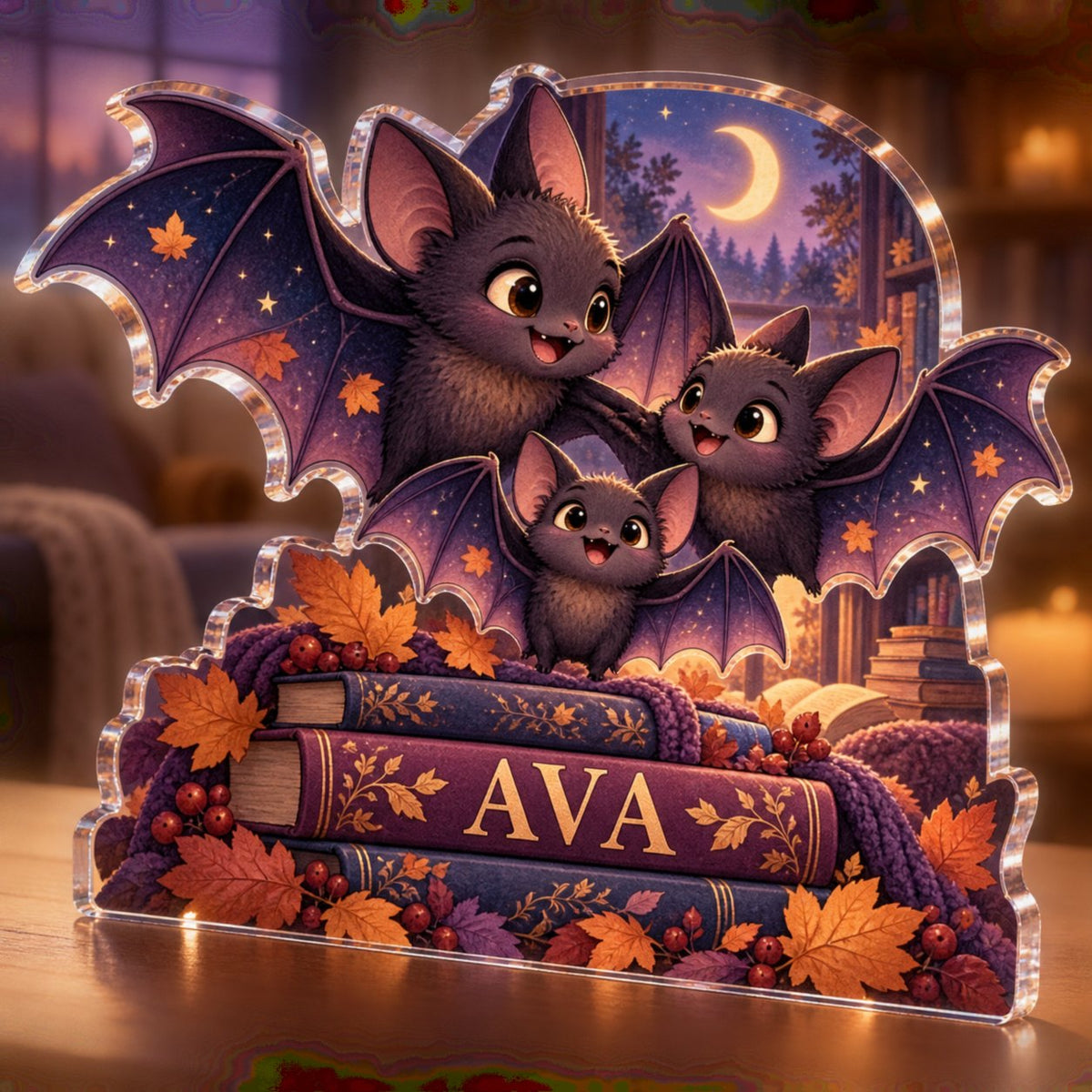 Personalized Friendly Bat Family Reading Nook Seasonal Refresh custom shape acrylic plaque with an example name set into the artwork, digital preview