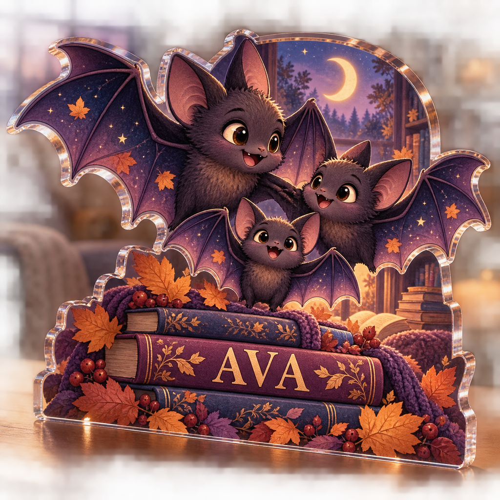 Artwork visualization: Friendly bat family — reading nook seasonal refresh, personalized AVA, subject-shaped acrylic with printed optical 3D depth; not carved relief.