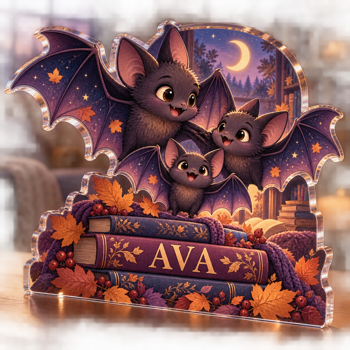 Artwork visualization: Friendly bat family — reading nook seasonal refresh, personalized AVA, subject-shaped acrylic with printed optical 3D depth; not carved relief.