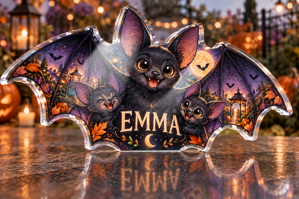 Artwork visualization: Friendly bat family — Halloween party accent, personalized EMMA, subject-shaped acrylic with printed optical 3D depth; not carved relief.