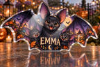 Artwork visualization: Friendly bat family — Halloween party accent, personalized EMMA, subject-shaped acrylic with printed optical 3D depth; not carved relief.