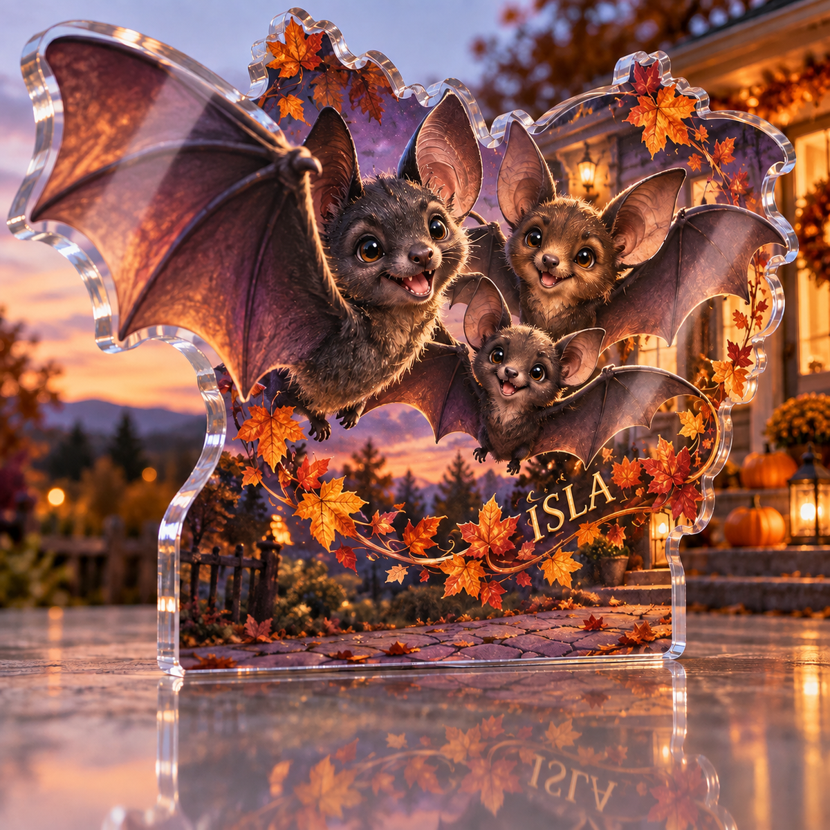 Artwork visualization: Friendly bat family — host seasonal thank you, personalized ISLA, subject-shaped acrylic with printed optical 3D depth; not carved relief.