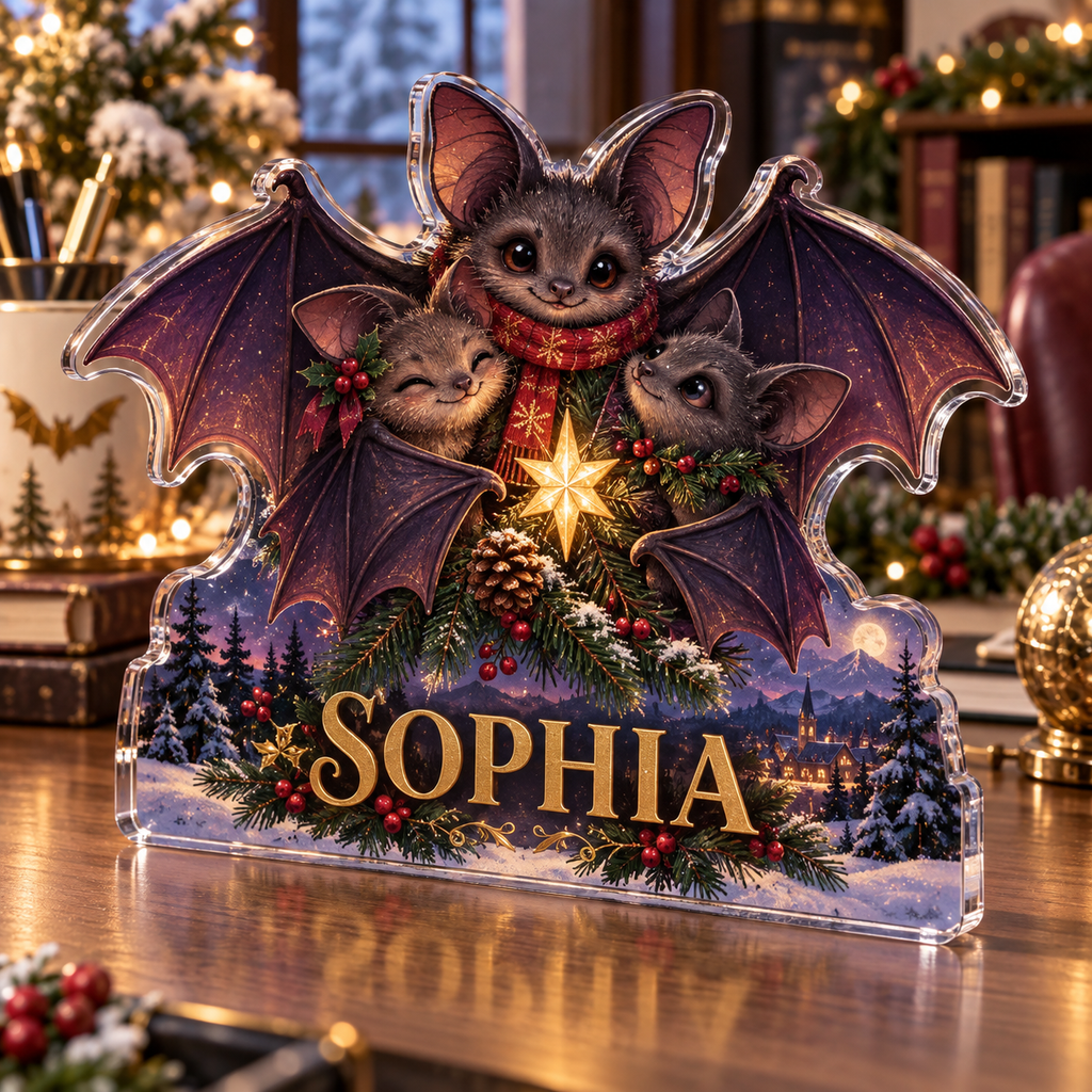 Artwork visualization: Friendly bat family — office seasonal desk, personalized SOPHIA, subject-shaped acrylic with printed optical 3D depth; not carved relief.