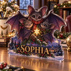 Artwork visualization: Friendly bat family — office seasonal desk, personalized SOPHIA, subject-shaped acrylic with printed optical 3D depth; not carved relief.