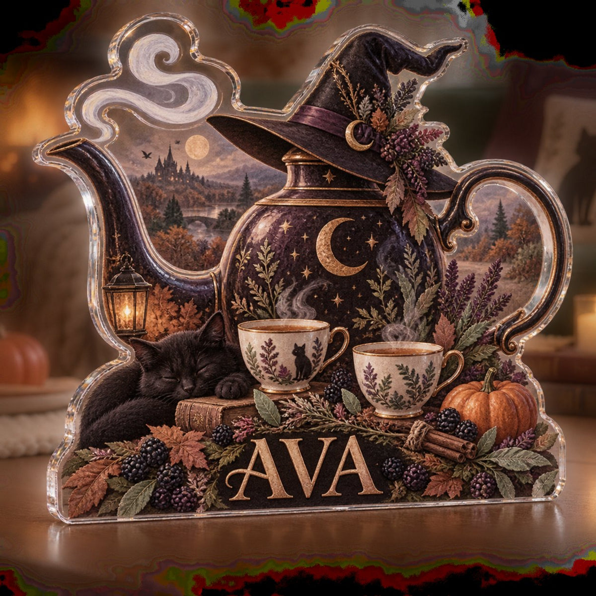 Personalized Witchy Tea Party Seasonal Living Room Decor custom shape acrylic plaque with an example name set into the artwork, digital preview