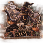 Artwork visualization: Witchy tea party — seasonal living room decor, personalized AVA, subject-shaped acrylic with printed optical 3D depth; not carved relief.