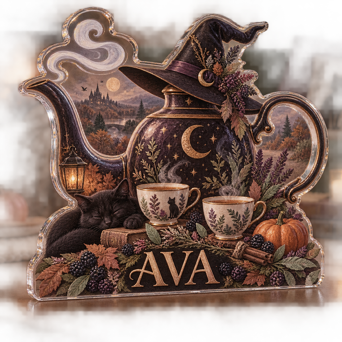 Artwork visualization: Witchy tea party — seasonal living room decor, personalized AVA, subject-shaped acrylic with printed optical 3D depth; not carved relief.